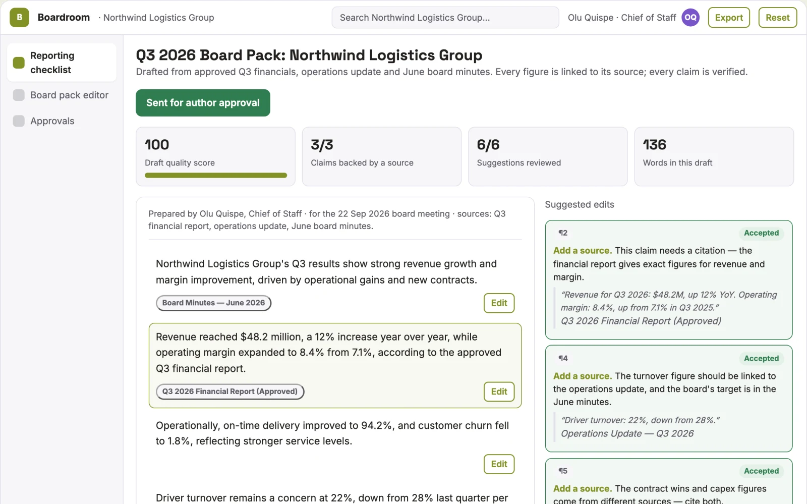 Screenshot of the Board briefing service interactive demo
