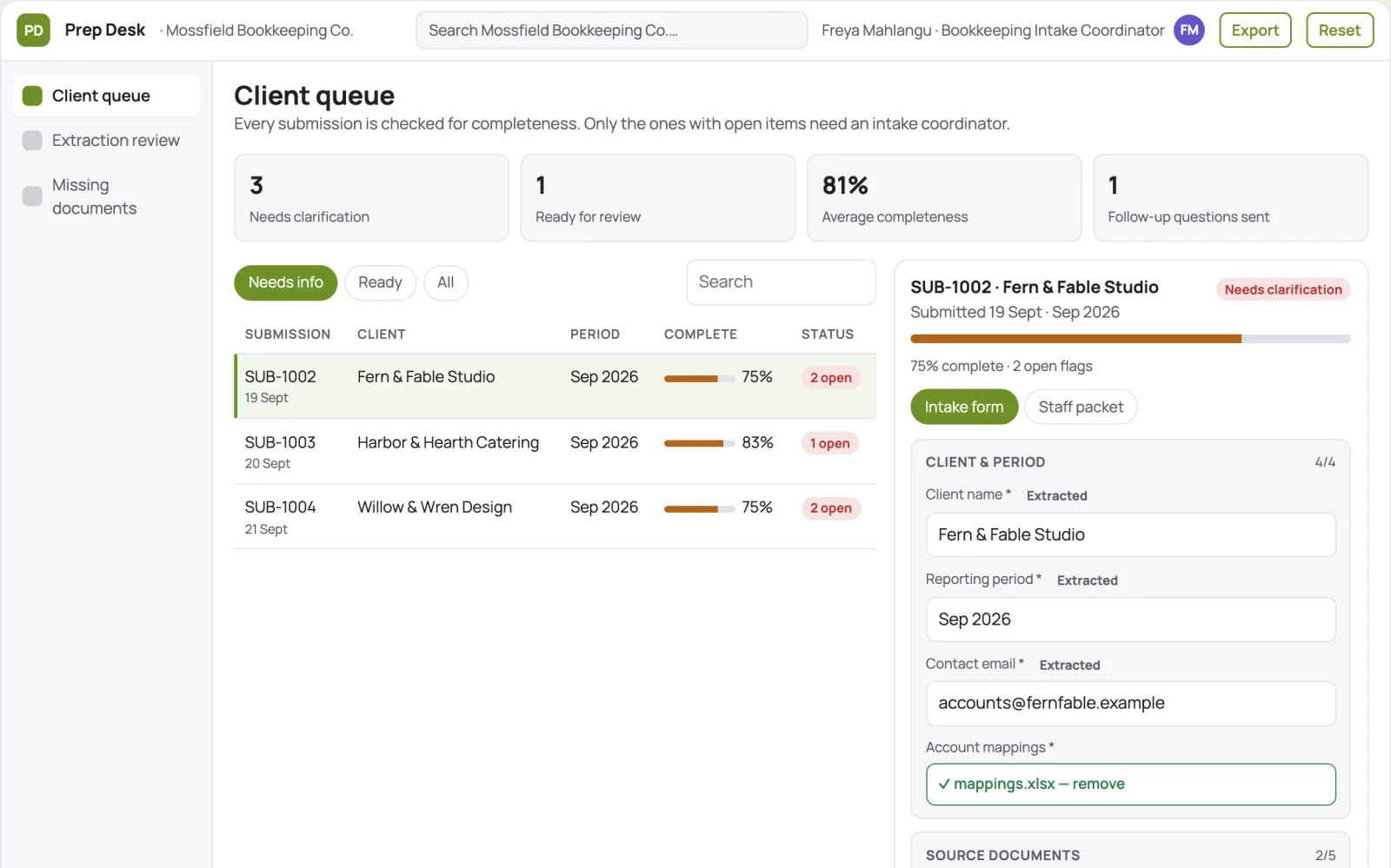 Screenshot of the Bookkeeping preparation service interactive demo