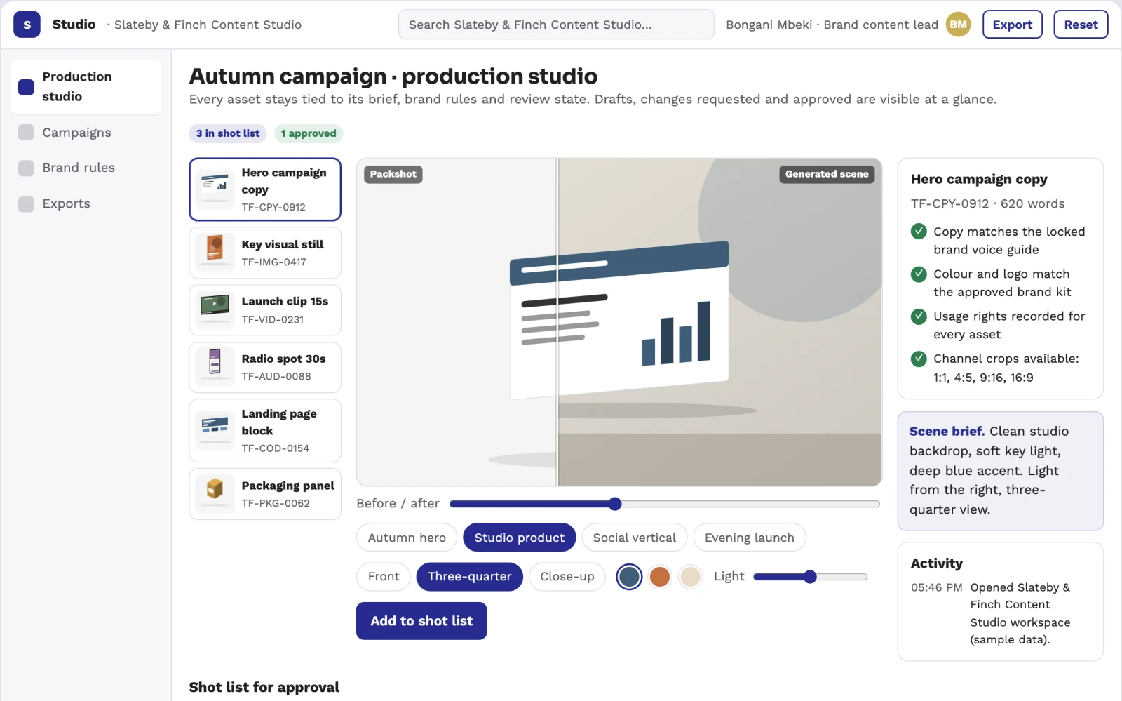 Screenshot of the Brand content production and review studio interactive demo