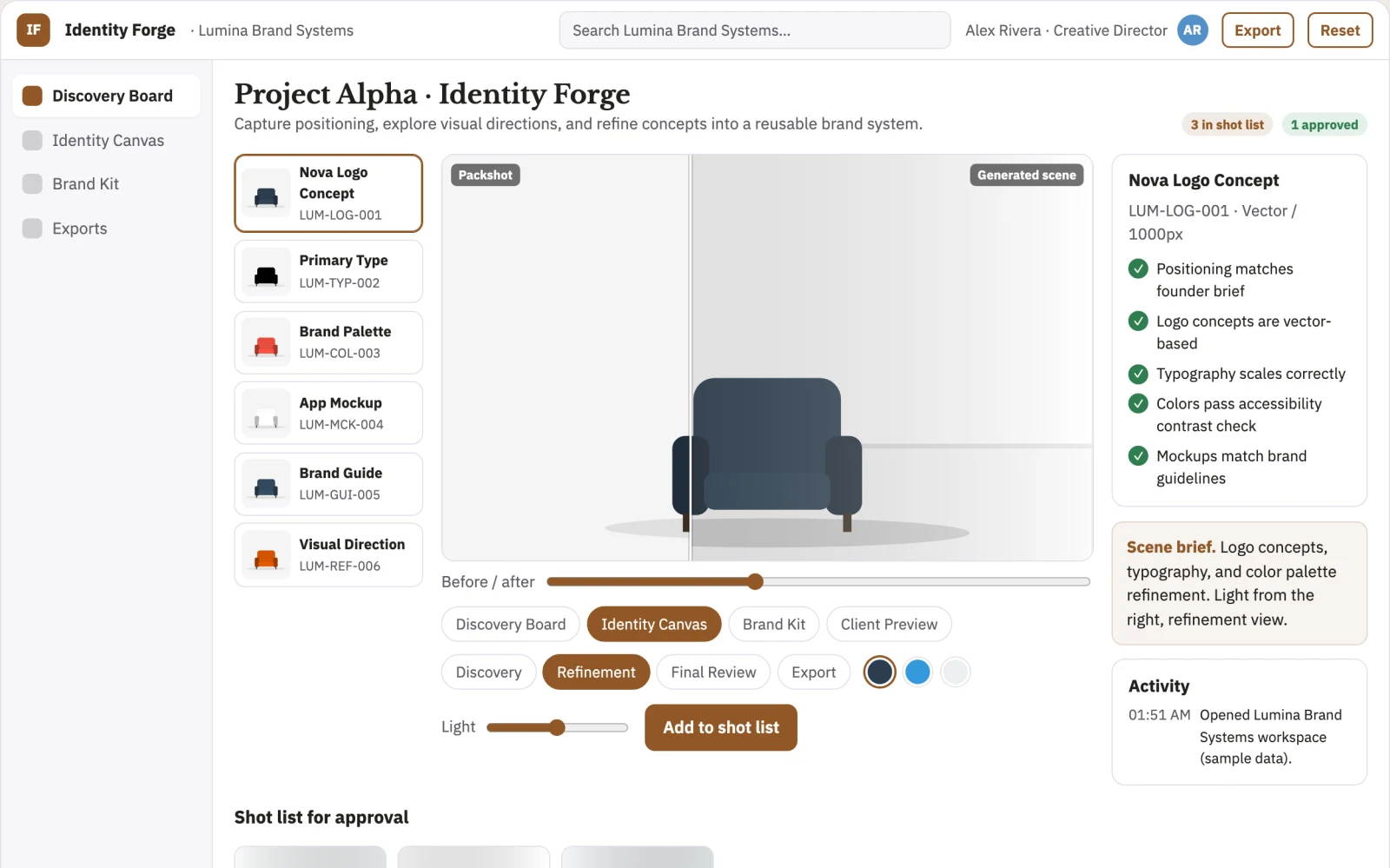 Demo screen of Brand identity studio