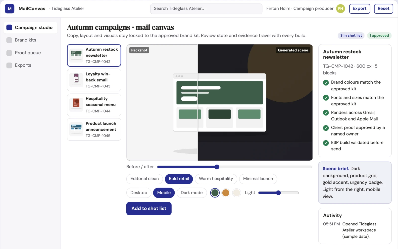Screenshot of the Brand-locked email design and send workbench interactive demo