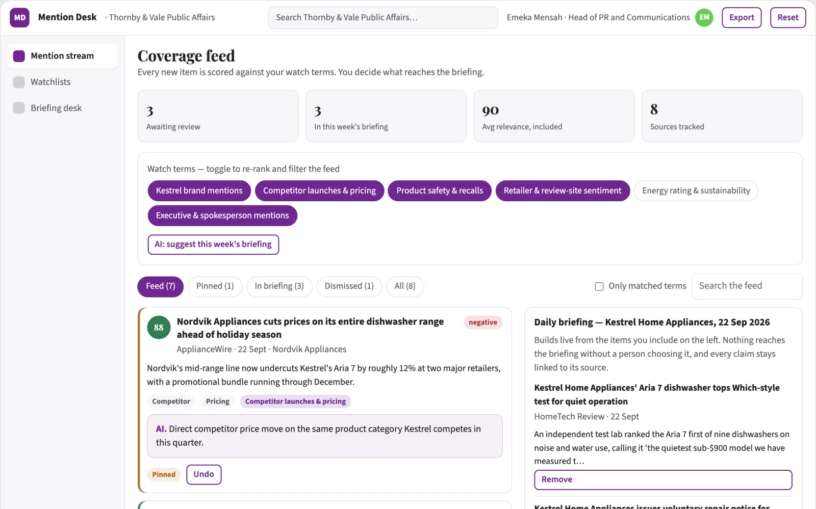 Screenshot of the Brand mention watchlist and briefing desk interactive demo