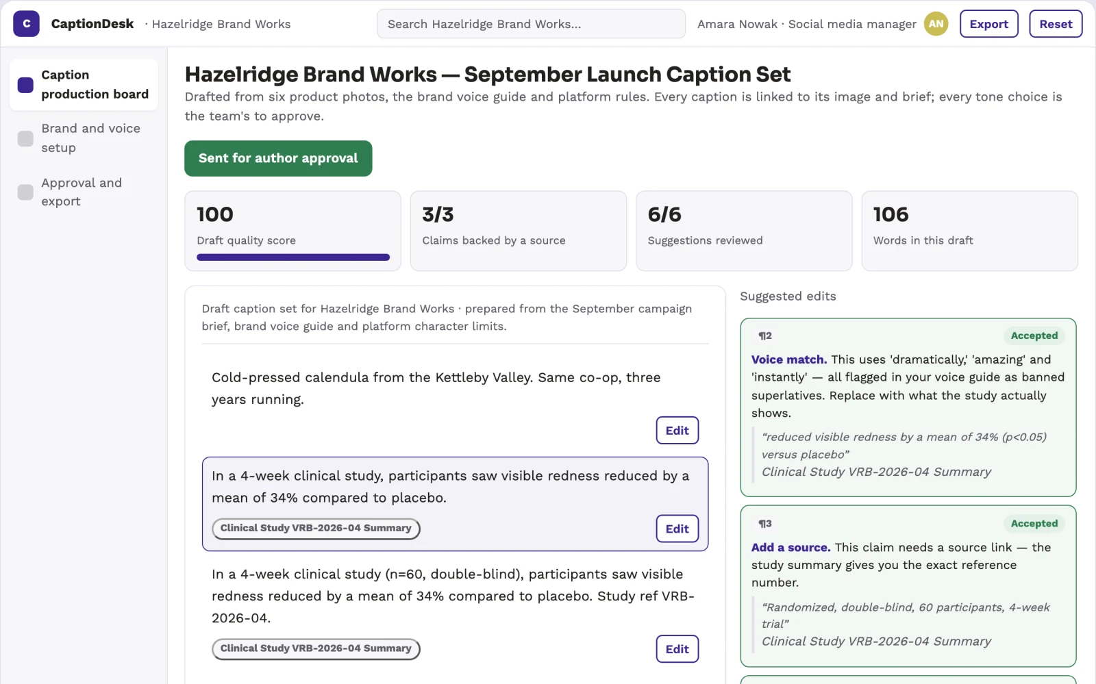 Screenshot of the Brand-owned social caption production workspace interactive demo