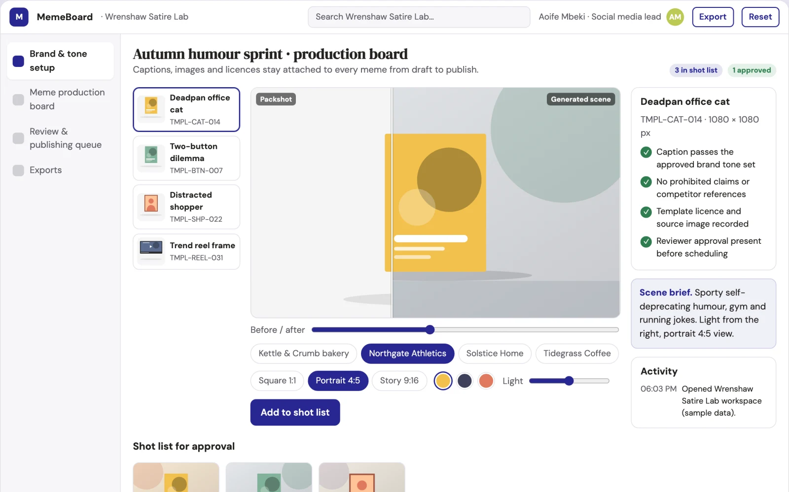 Screenshot of the Brand-safe humorous meme production workbench interactive demo