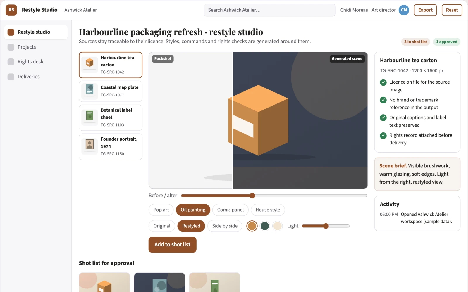 Screenshot of the Brand-safe image restyle and rights-clearance studio interactive demo