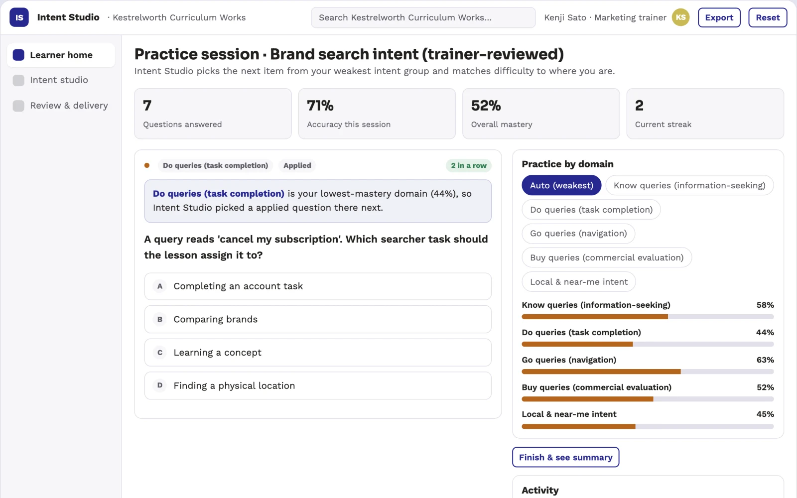Screenshot of the Brand search intent teaching studio interactive demo