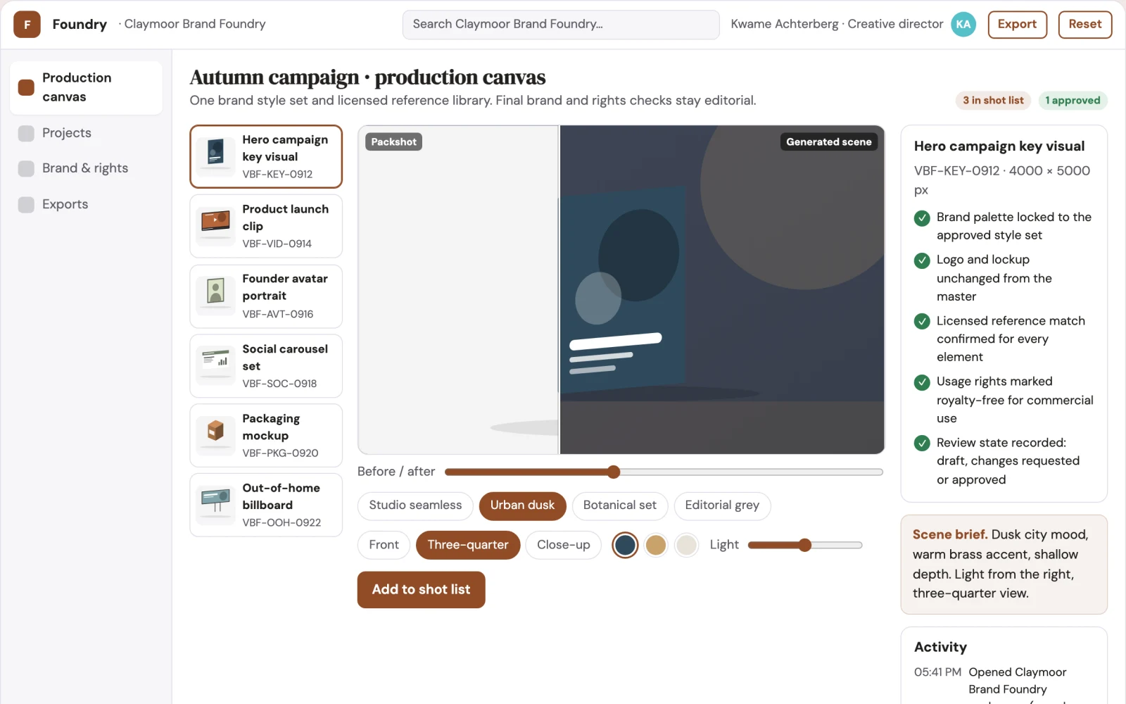 Screenshot of the Brand-trained visual asset production workbench interactive demo