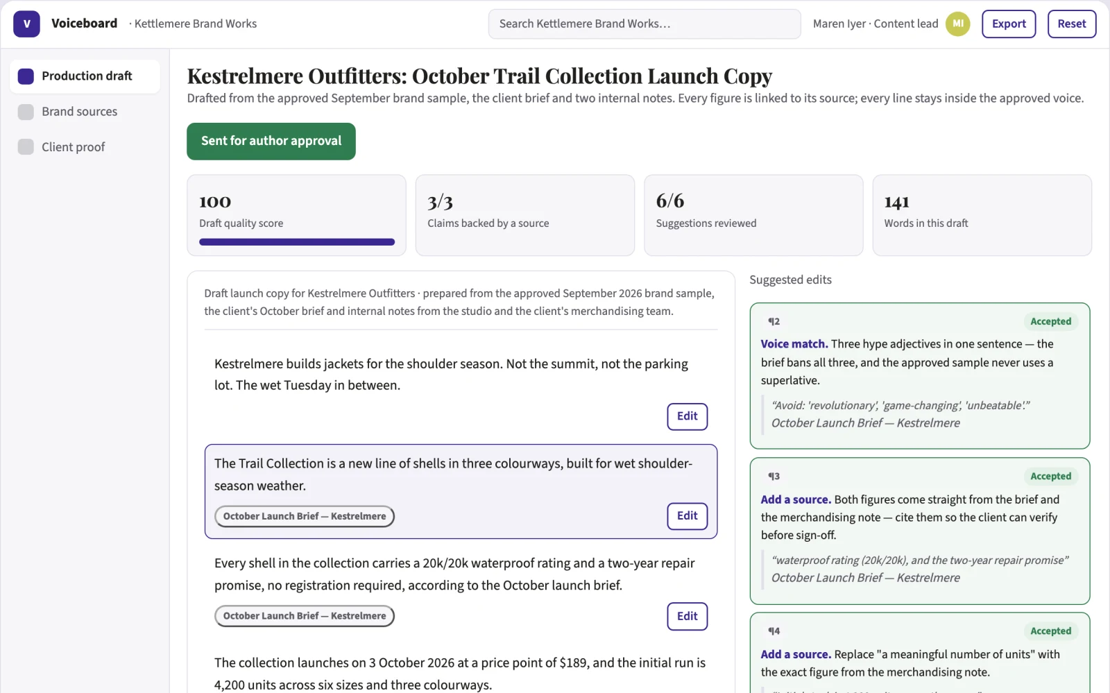 Screenshot of the Brand voice content production workspace interactive demo