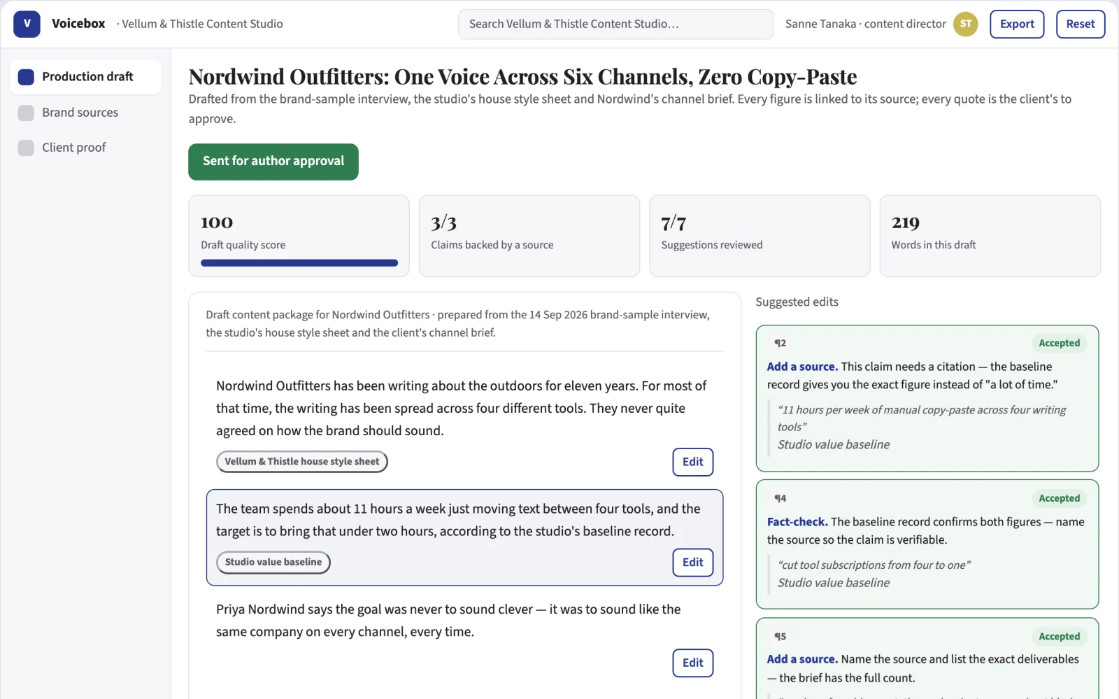 Screenshot of the Brand-voice content production workspace interactive demo