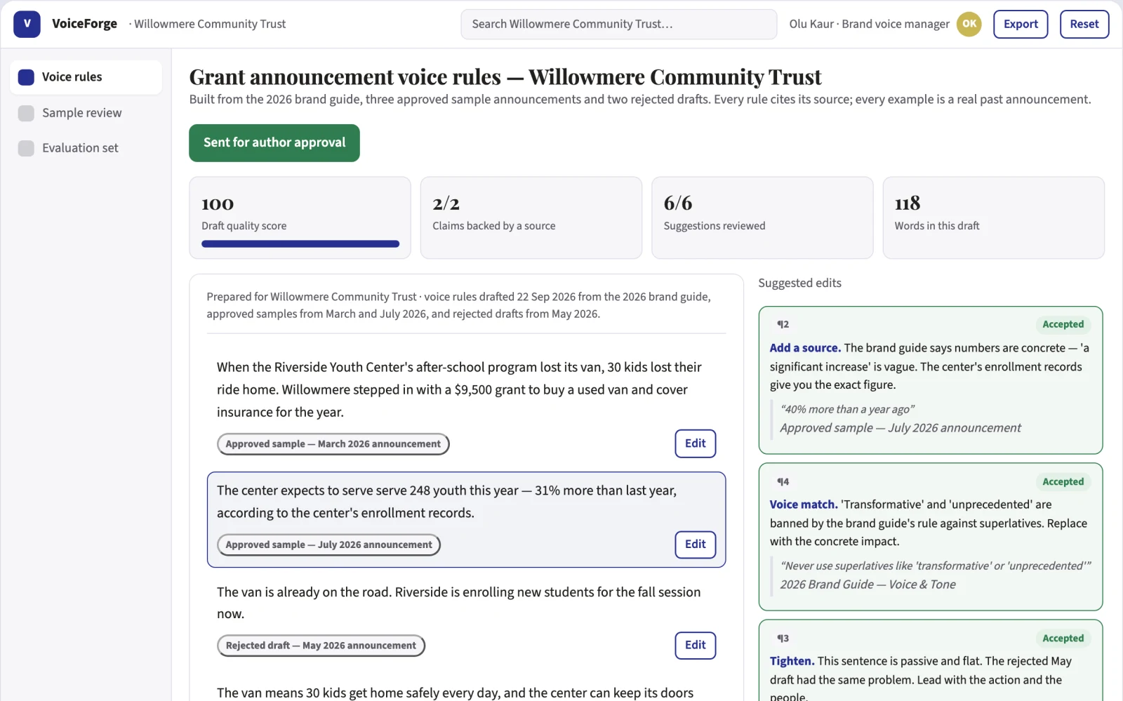Demo screen of Brand voice implementation