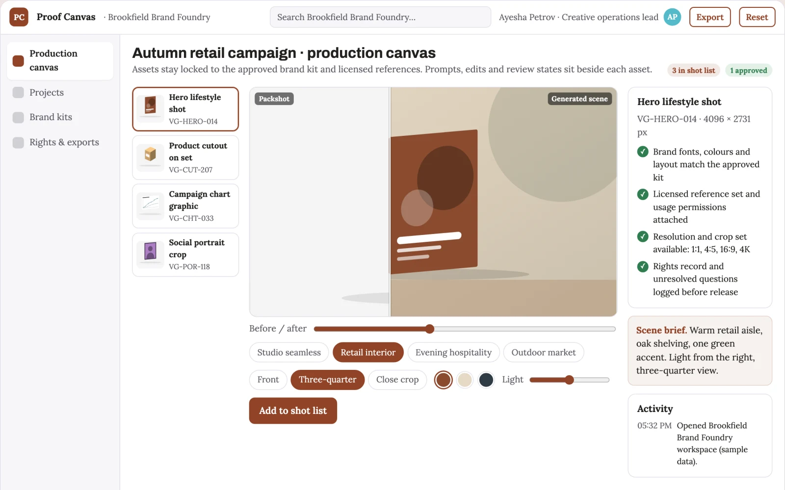 Screenshot of the Branded AI image production and review workspace interactive demo
