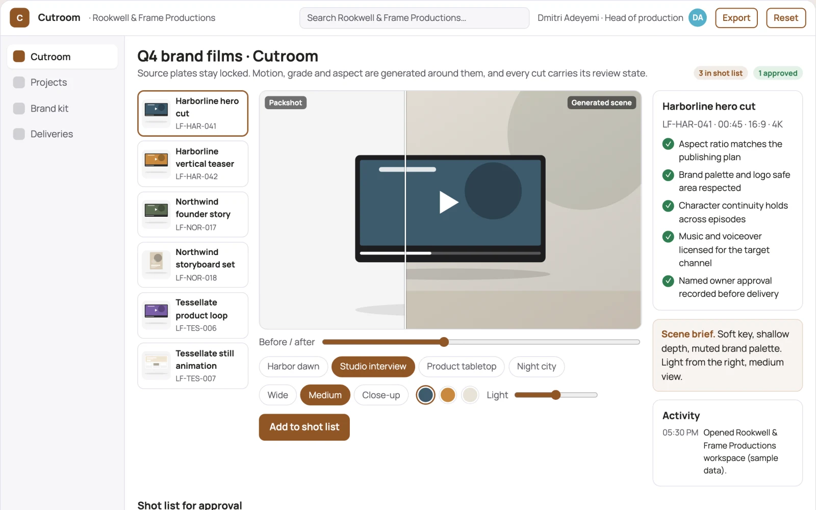Screenshot of the Branded AI video production and review studio interactive demo