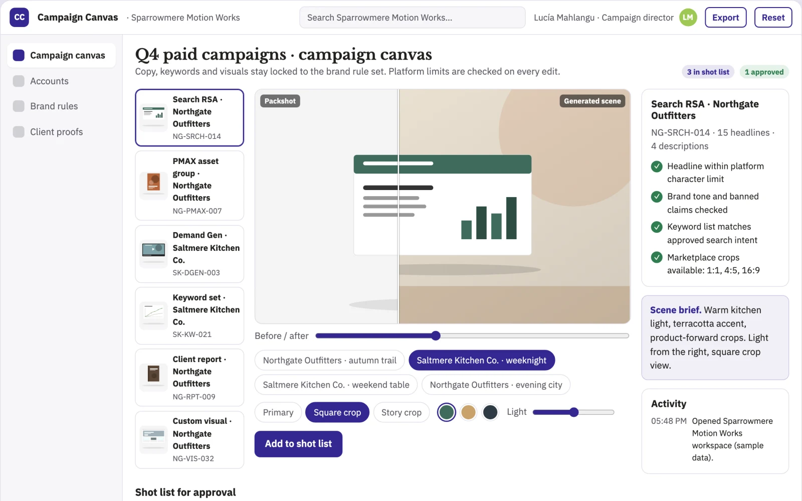 Screenshot of the Branded campaign copy and creative production workbench interactive demo