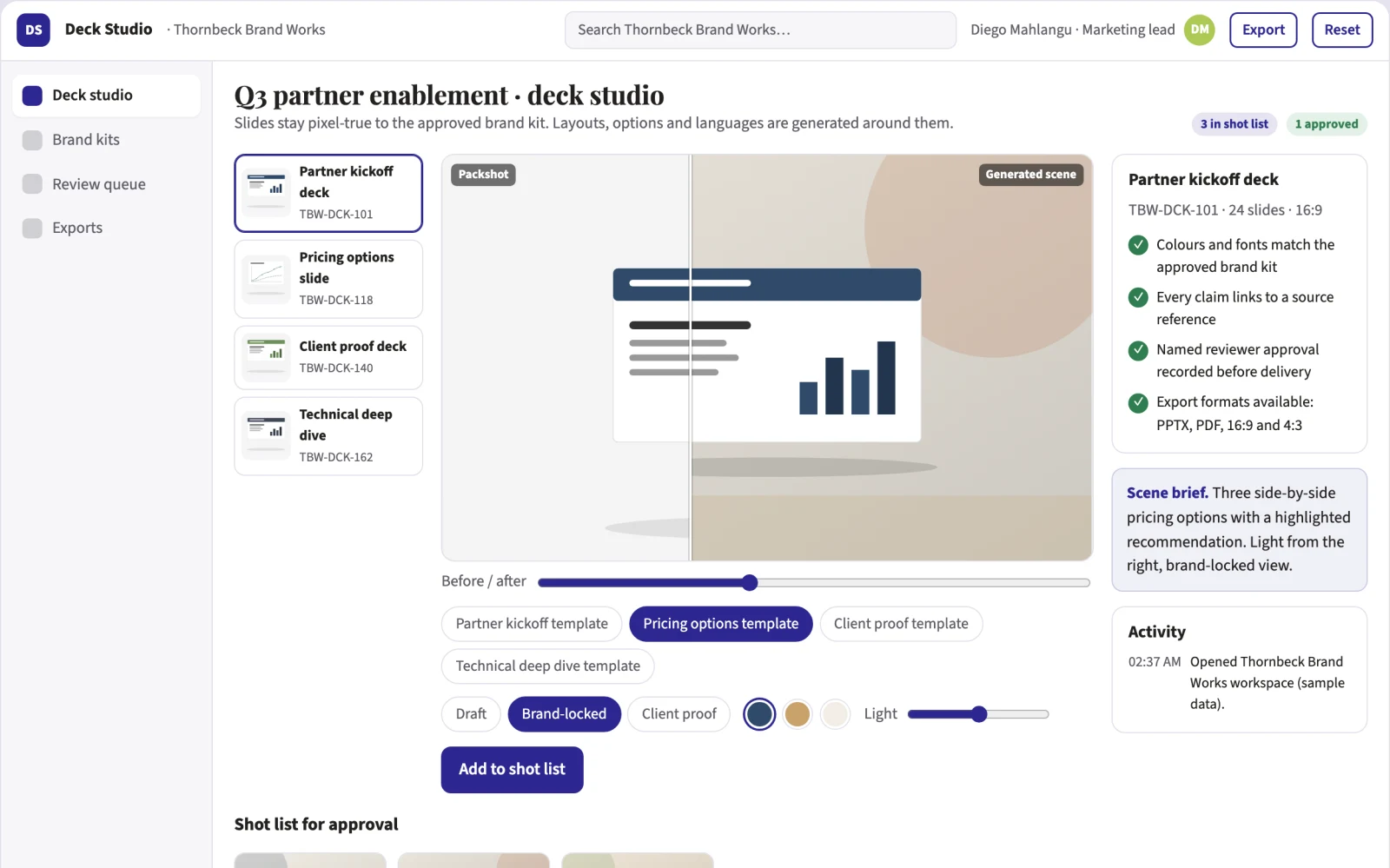 Screenshot of the Branded deck production and review workbench interactive demo