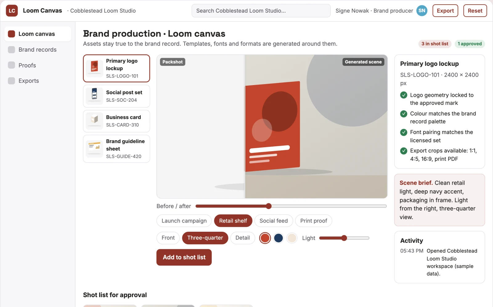 Screenshot of the Branded logo and marketing graphics production platform interactive demo