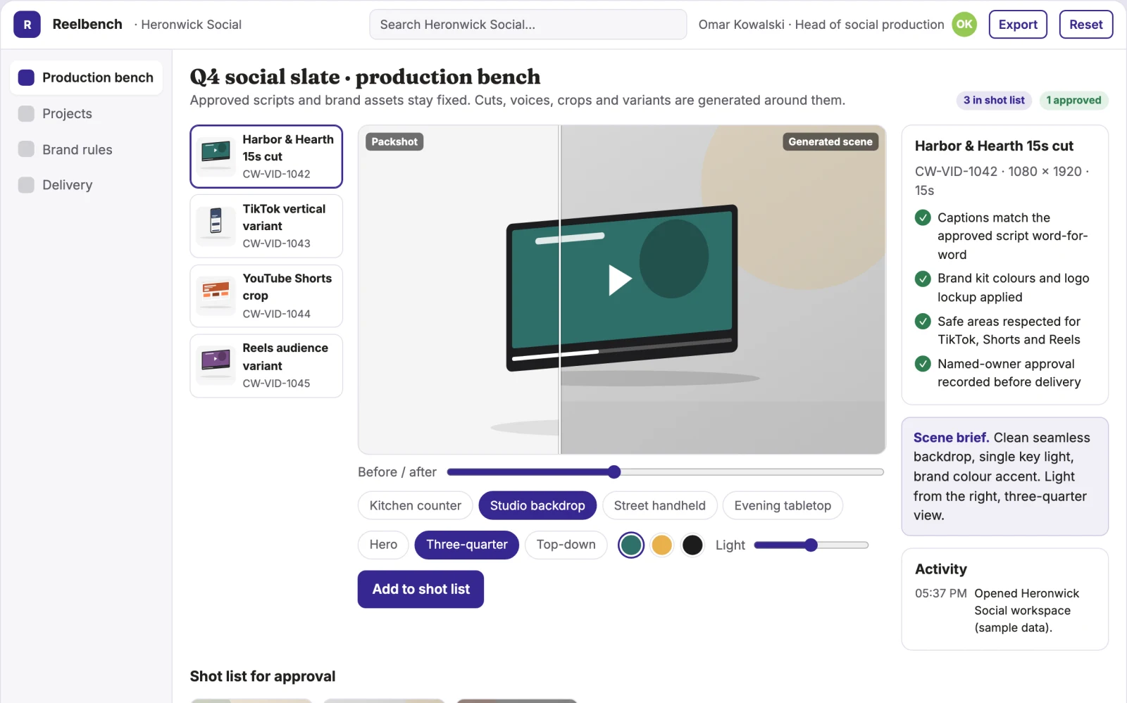 Screenshot of the Branded short-video production and review workbench interactive demo