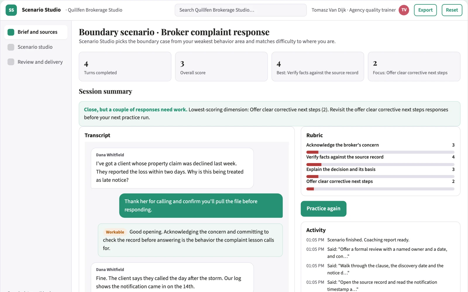 Screenshot of the Broker complaint learning scenario studio interactive demo
