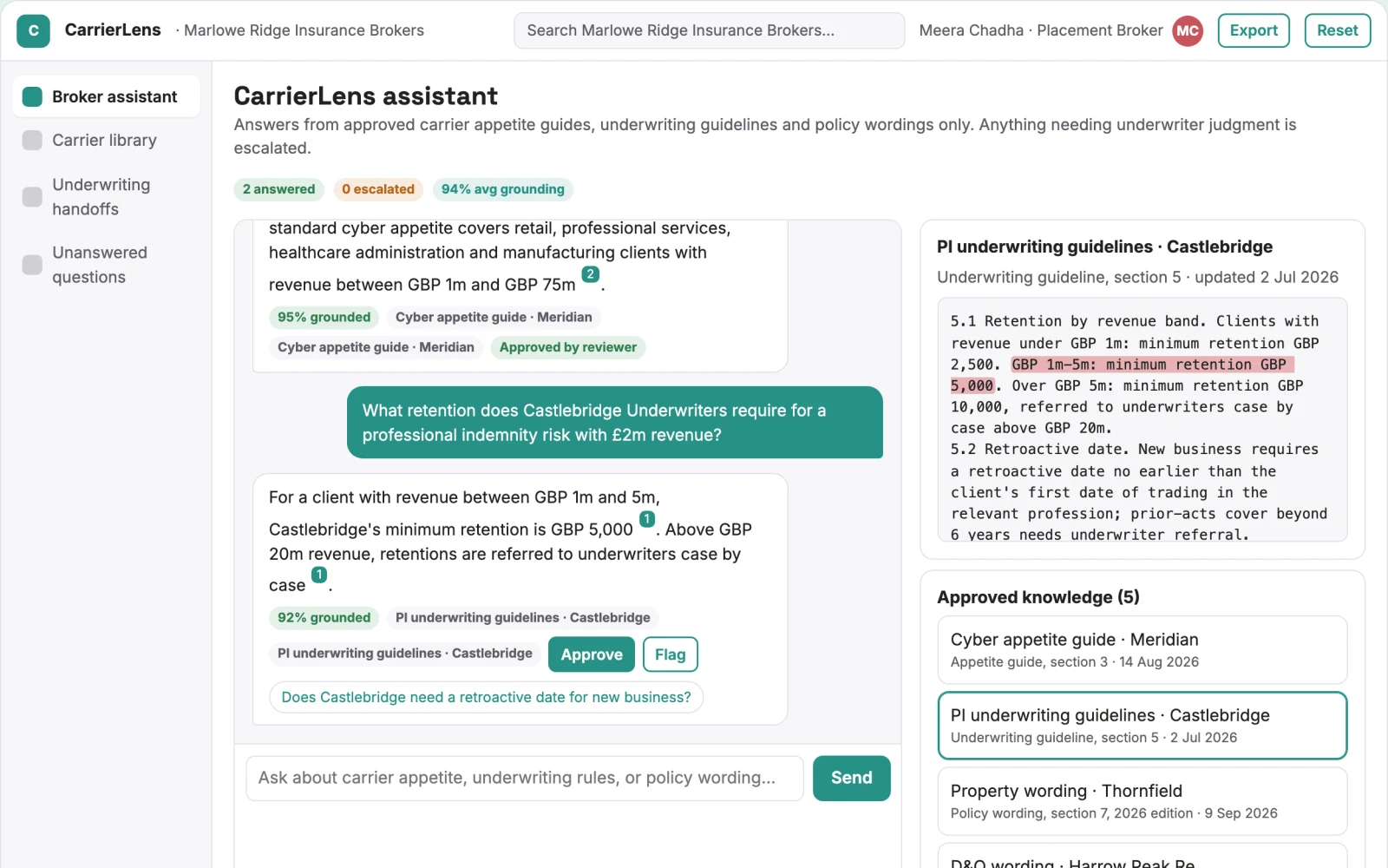 Demo screen of Broker knowledge assistant