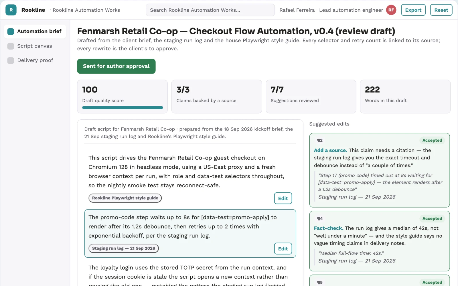 Screenshot of the Browser automation and text rewriting delivery workspace interactive demo