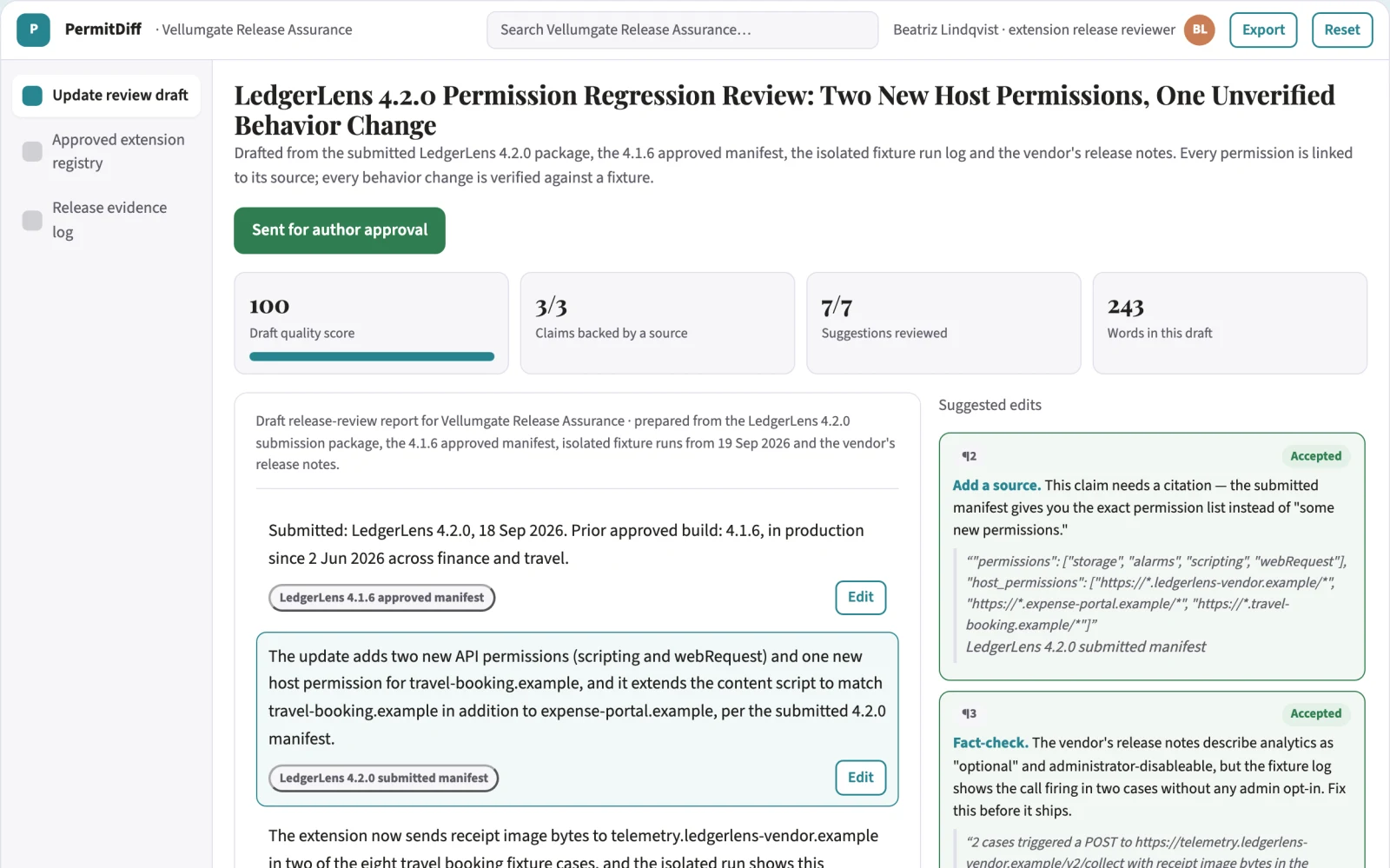 Screenshot of the Browser extension permission regression lab interactive demo