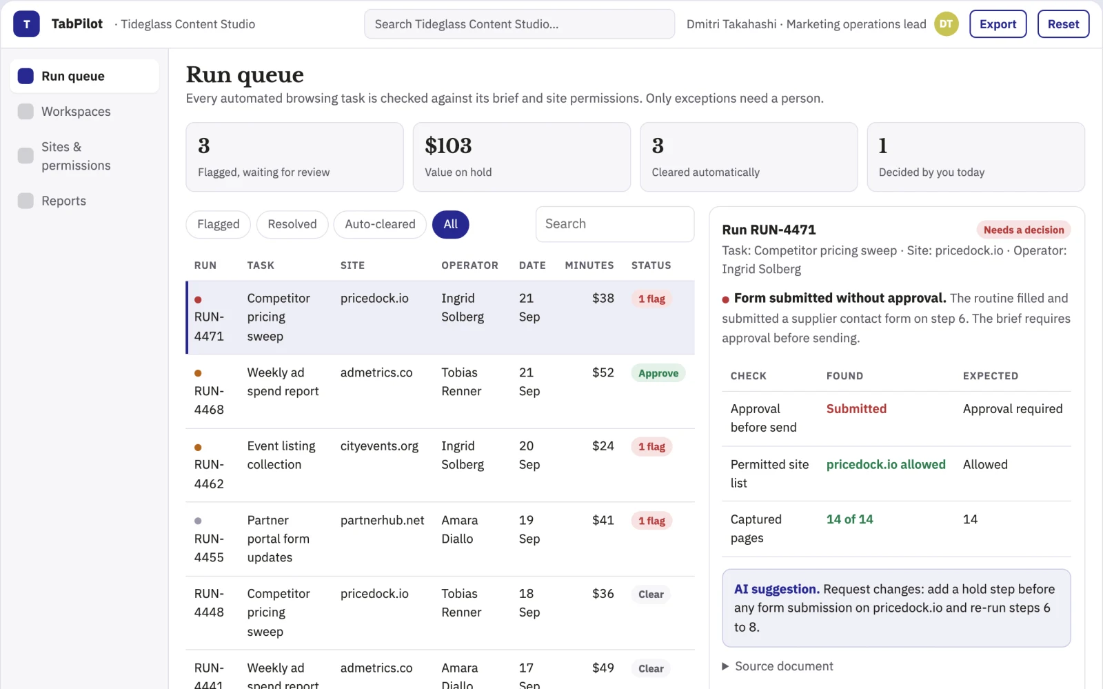 Screenshot of the Browser task automation and tab coordination portal interactive demo