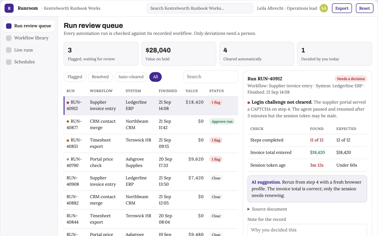 Screenshot of the Browser task automation control room interactive demo