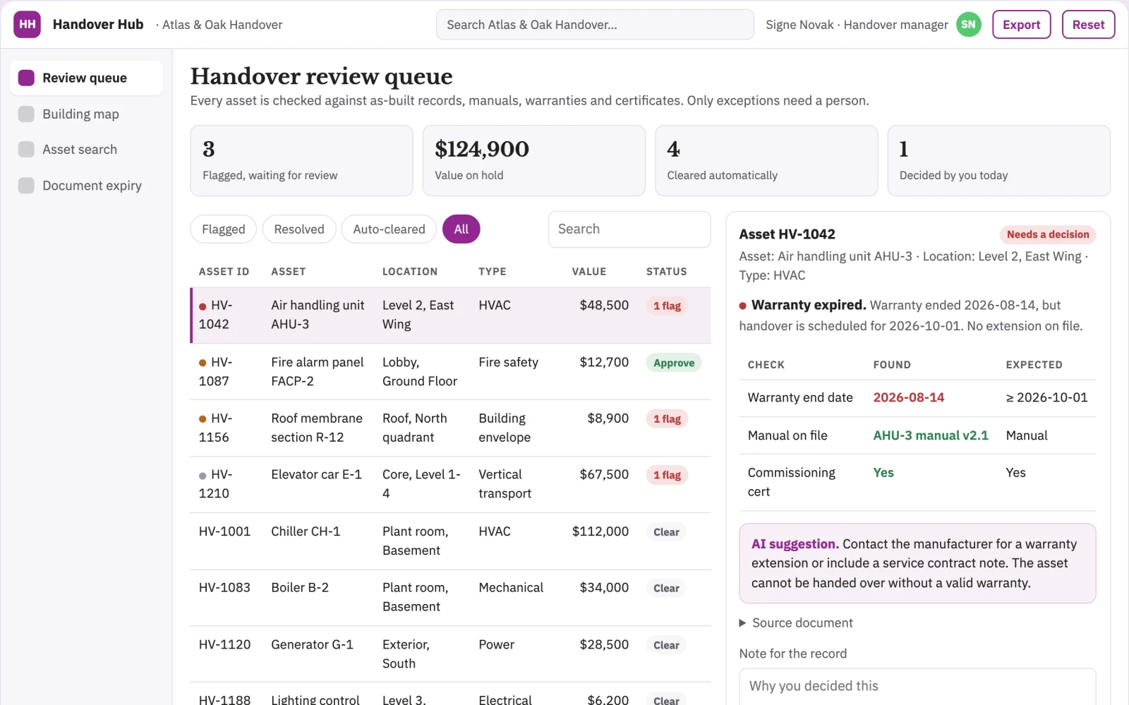 Screenshot of the Building handover library interactive demo