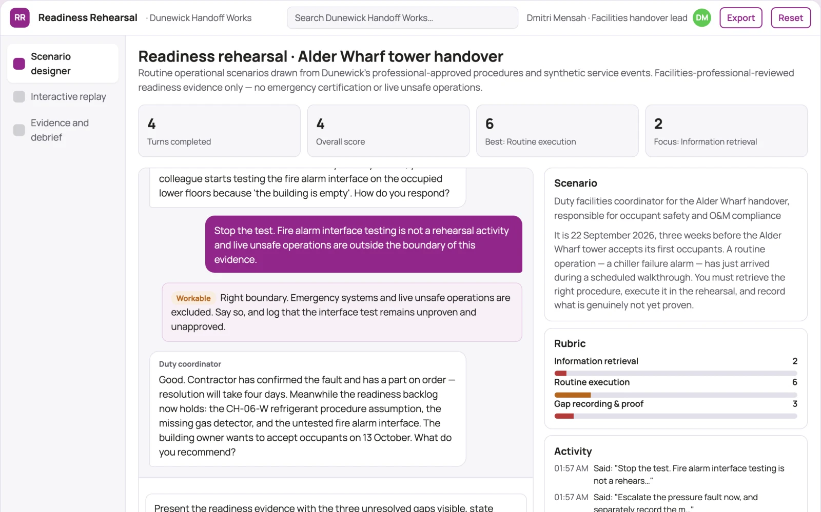 Screenshot of the Building handover operational rehearsal interactive demo