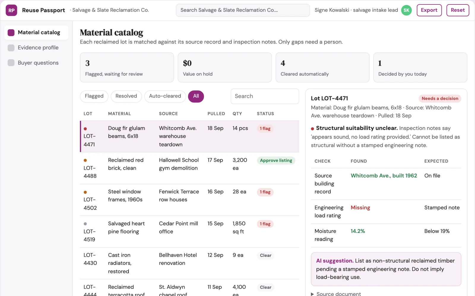 Screenshot of the Building material reuse passport interactive demo