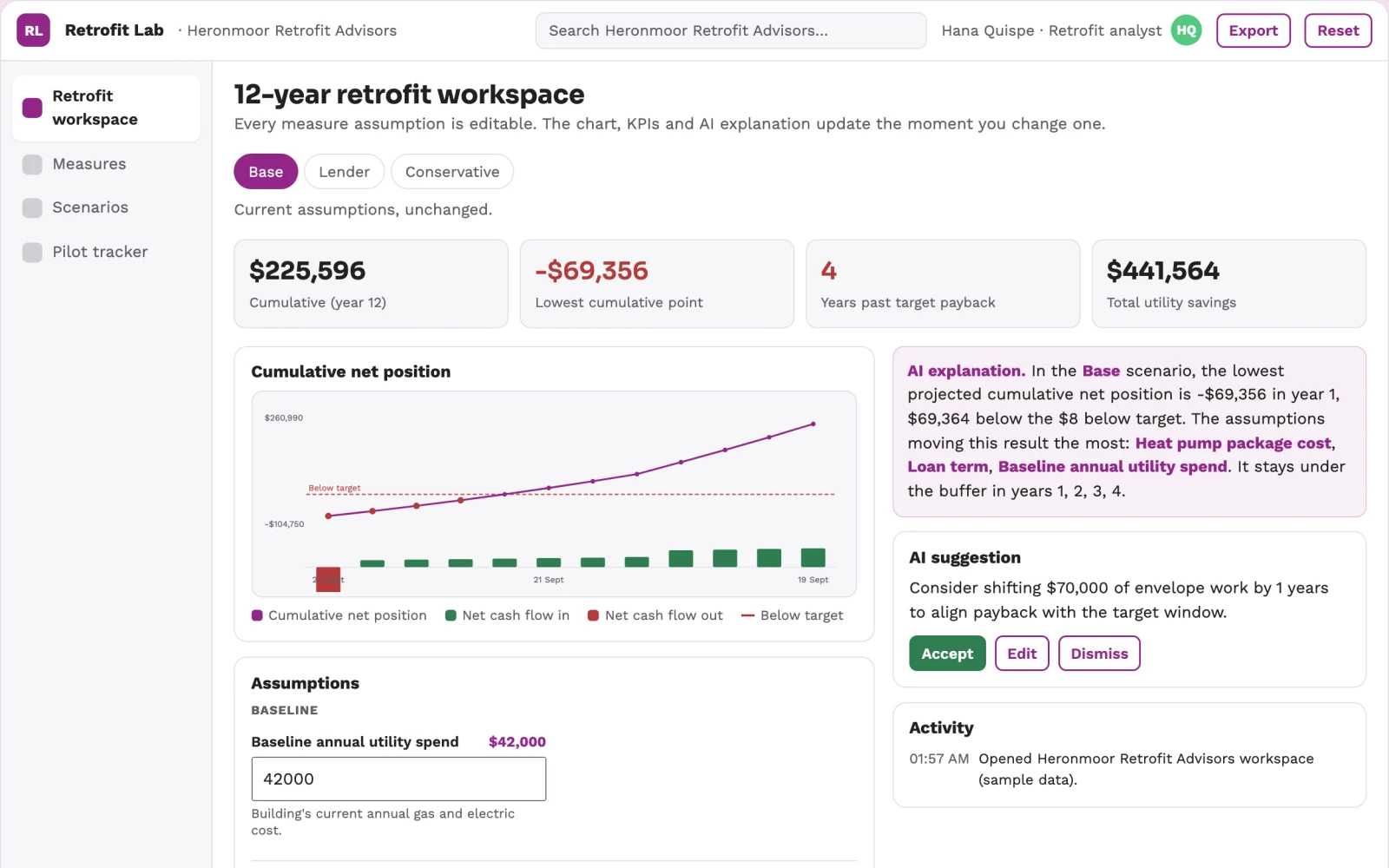 Screenshot of the Building retrofit package economics lab interactive demo