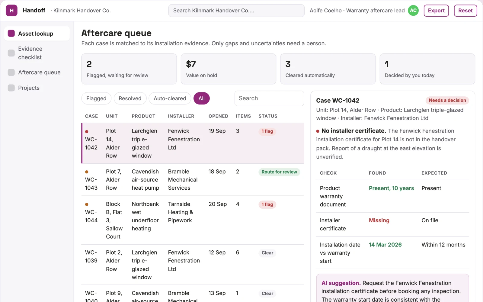 Screenshot of the Building warranty evidence handoff interactive demo