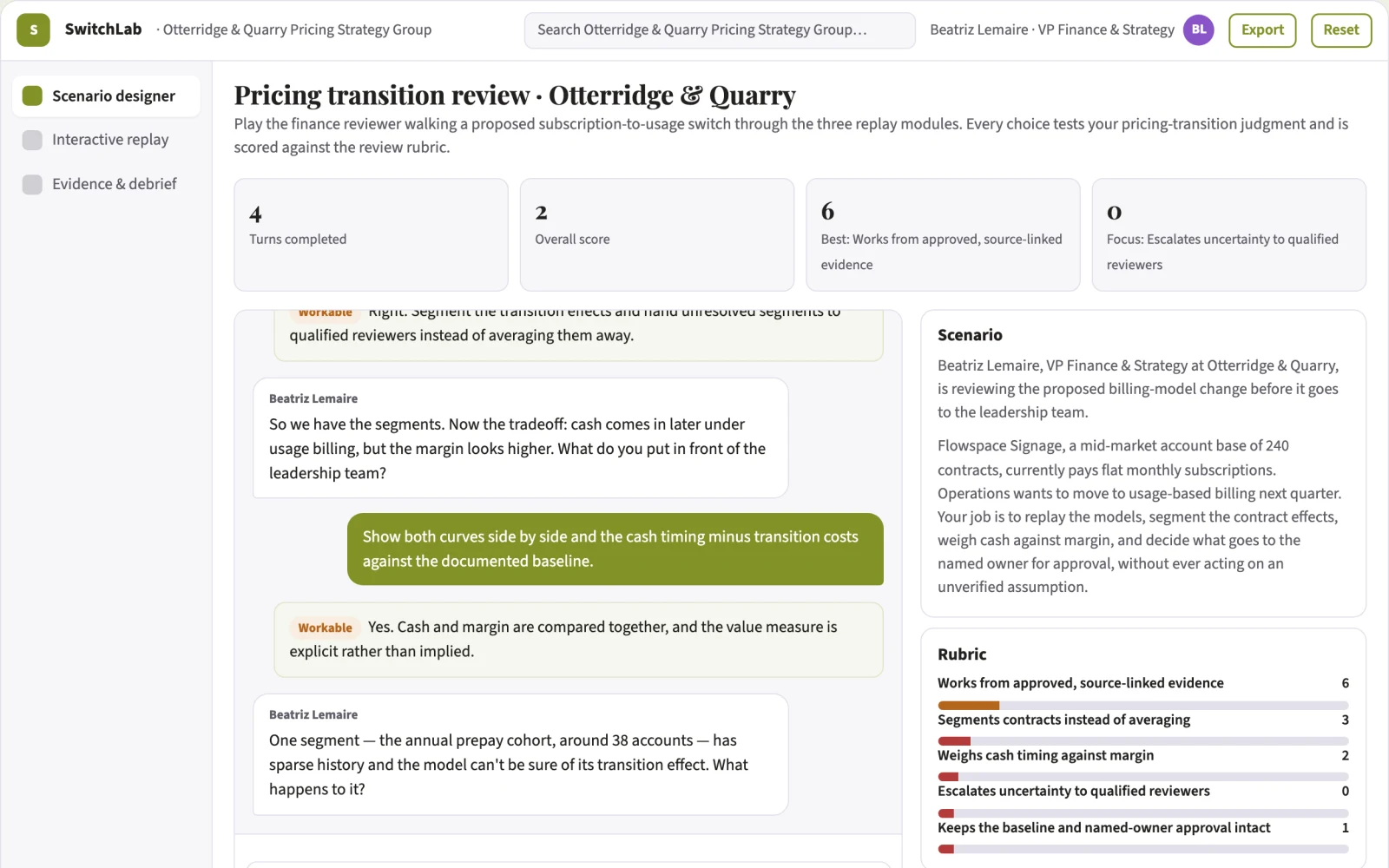 Screenshot of the Business model switching-cost simulator interactive demo