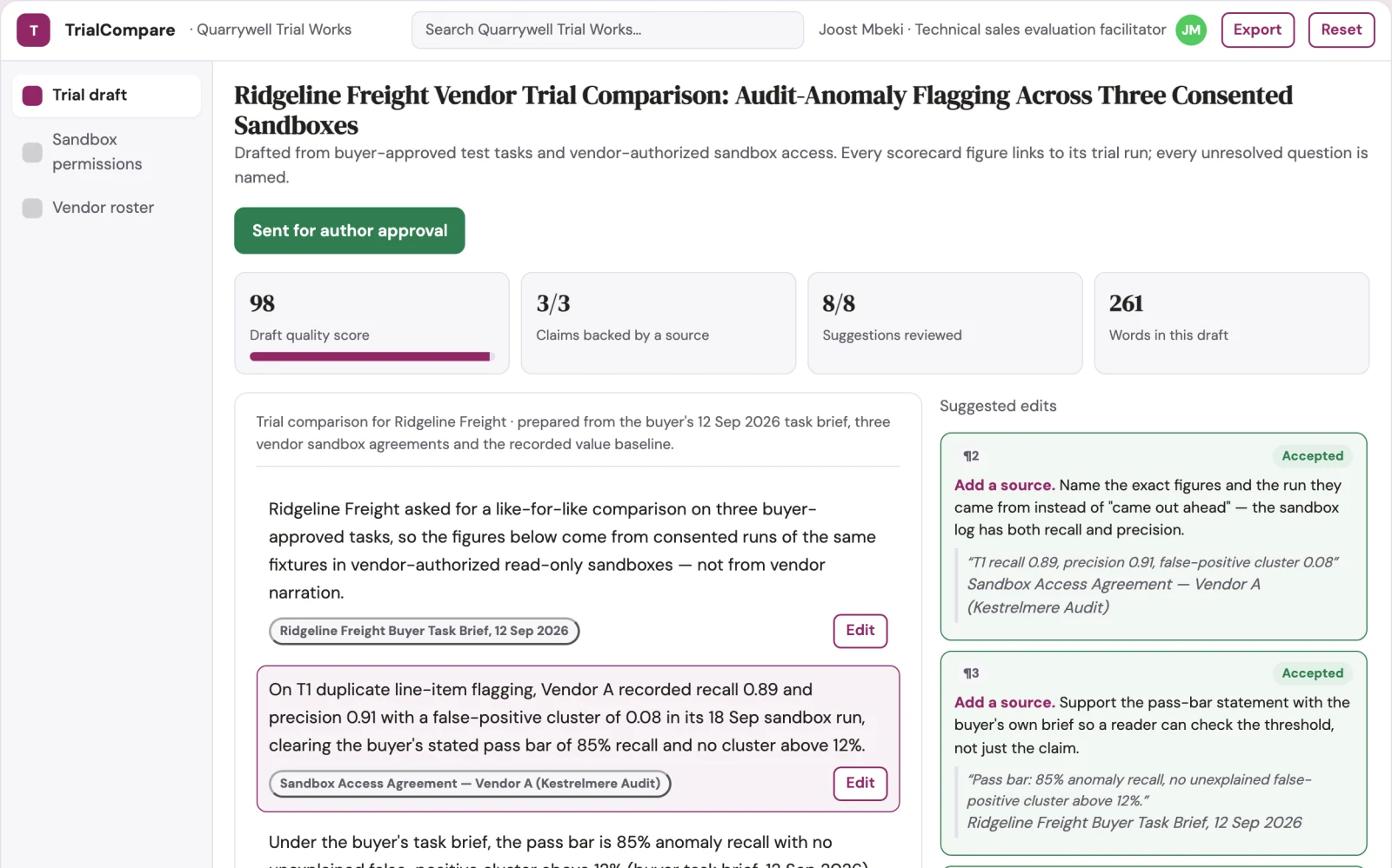Screenshot of the Buyer-authorized vendor trial tournament interactive demo