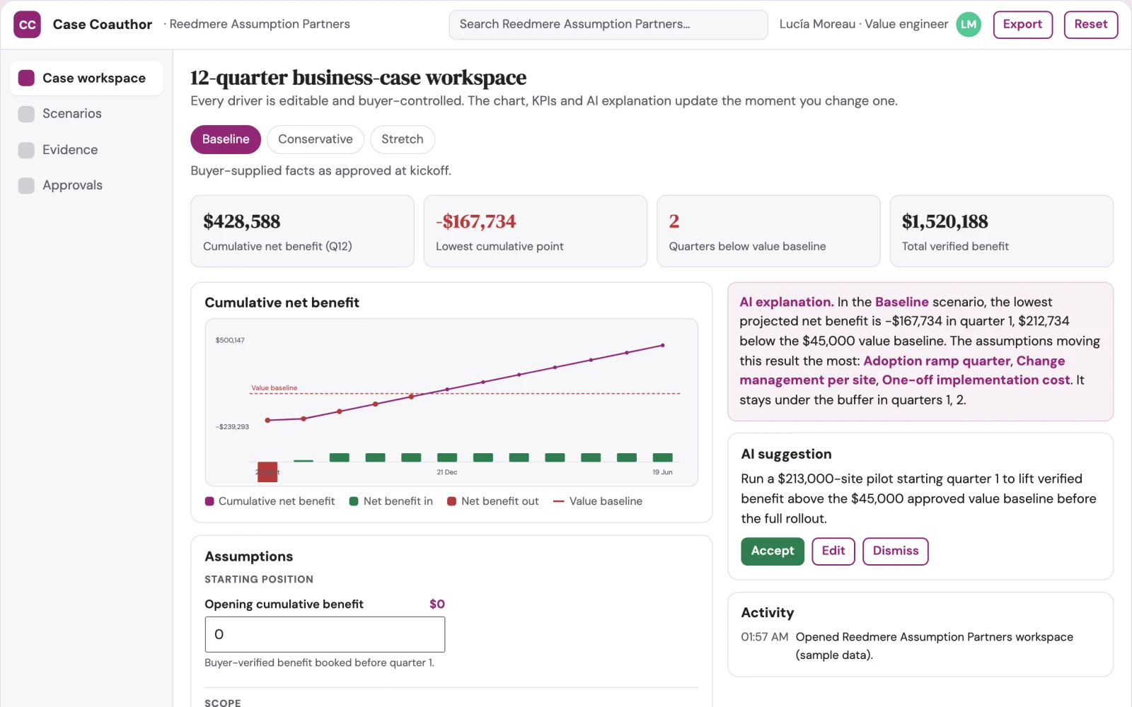 Screenshot of the Buyer business-case coauthoring platform interactive demo