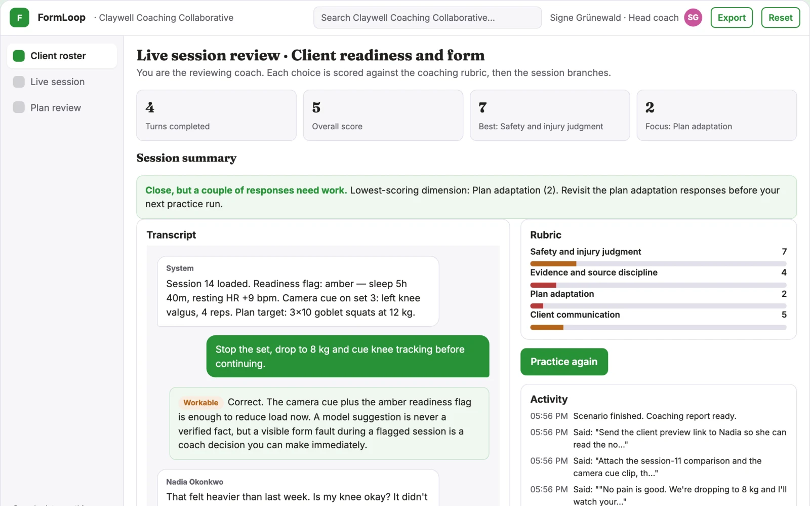 Screenshot of the Camera-guided adaptive fitness coaching platform interactive demo