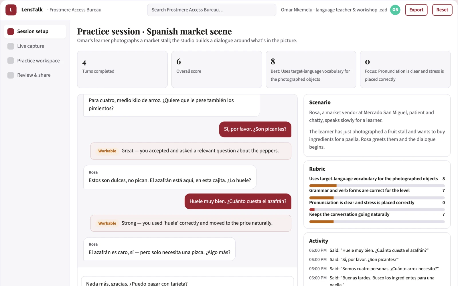 Screenshot of the Camera-to-conversation language practice studio interactive demo