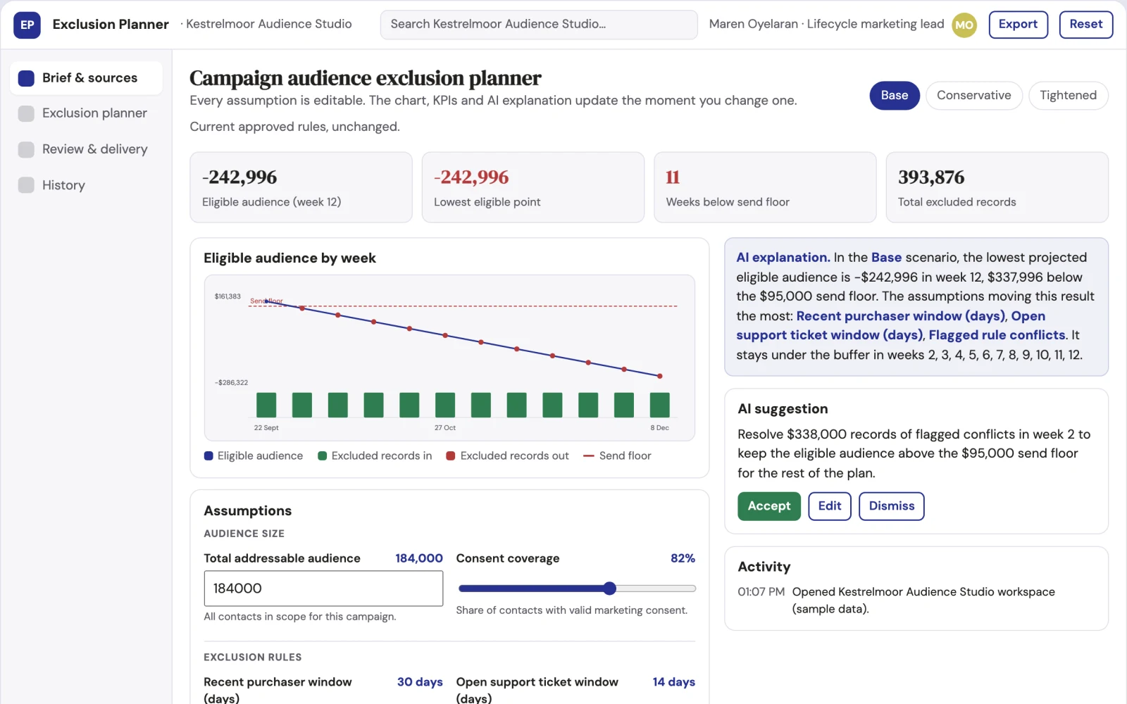 Screenshot of the Campaign audience exclusion planner interactive demo