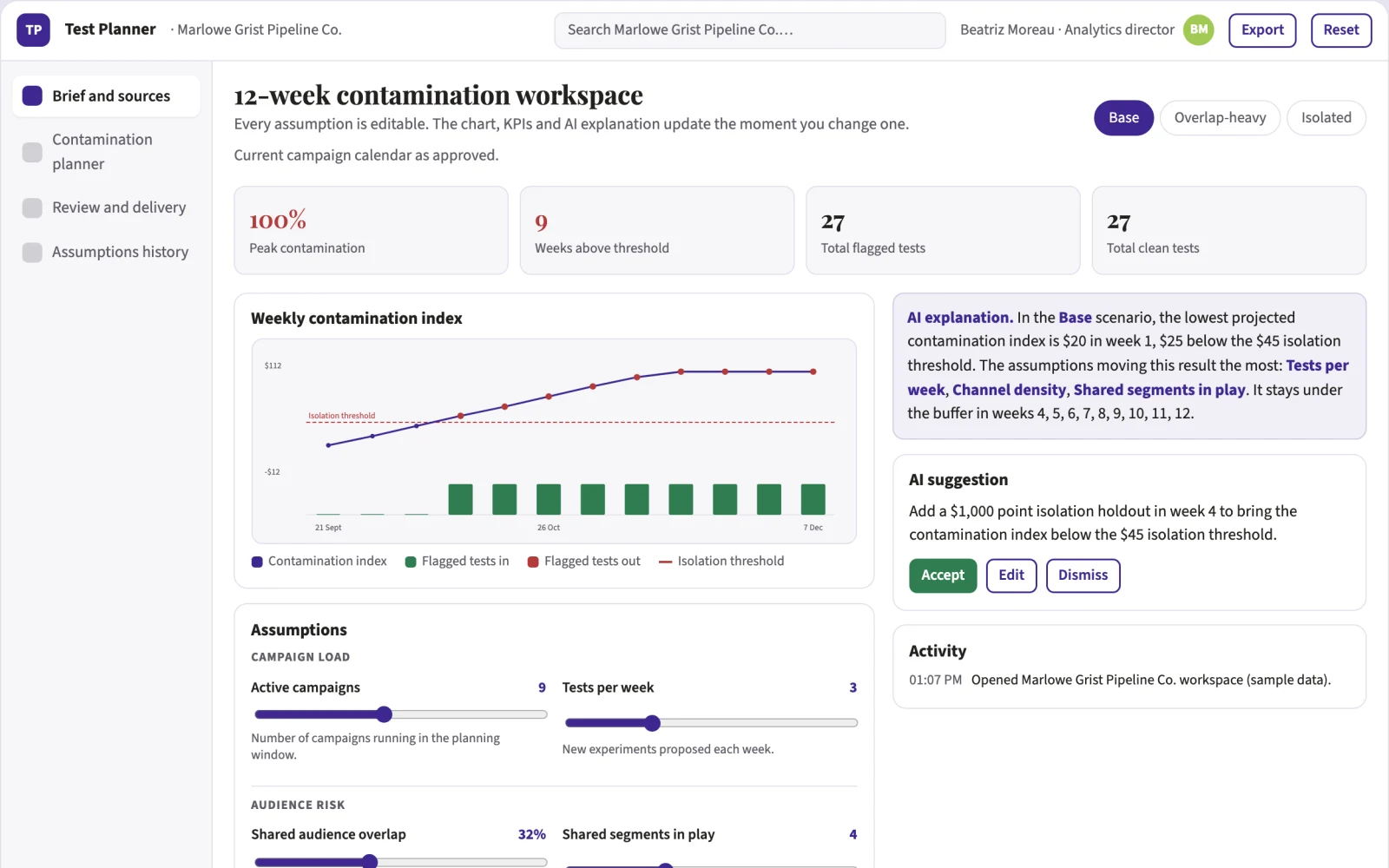 Screenshot of the Campaign experiment contamination planner interactive demo