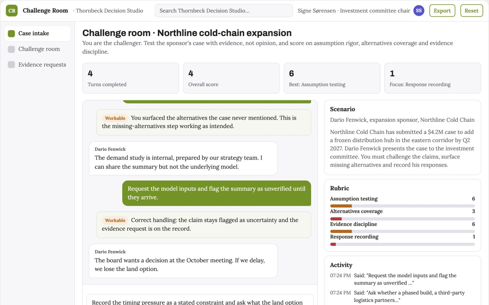 Screenshot of the Capital allocation narrative challenger interactive demo