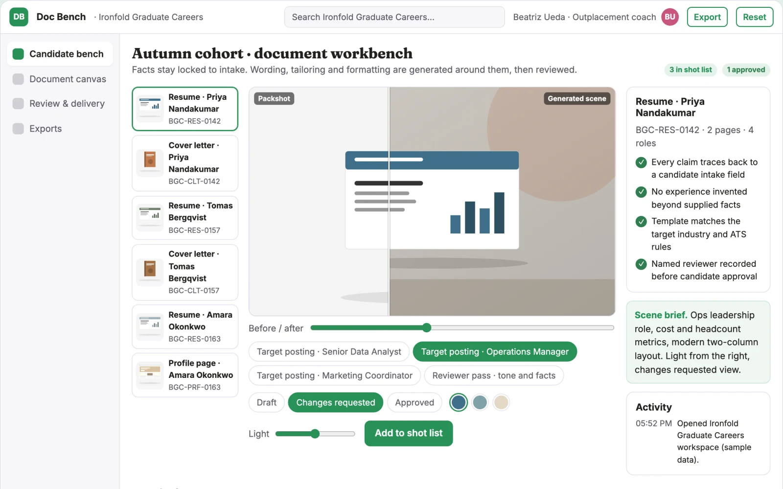 Screenshot of the Career document production and review workbench interactive demo