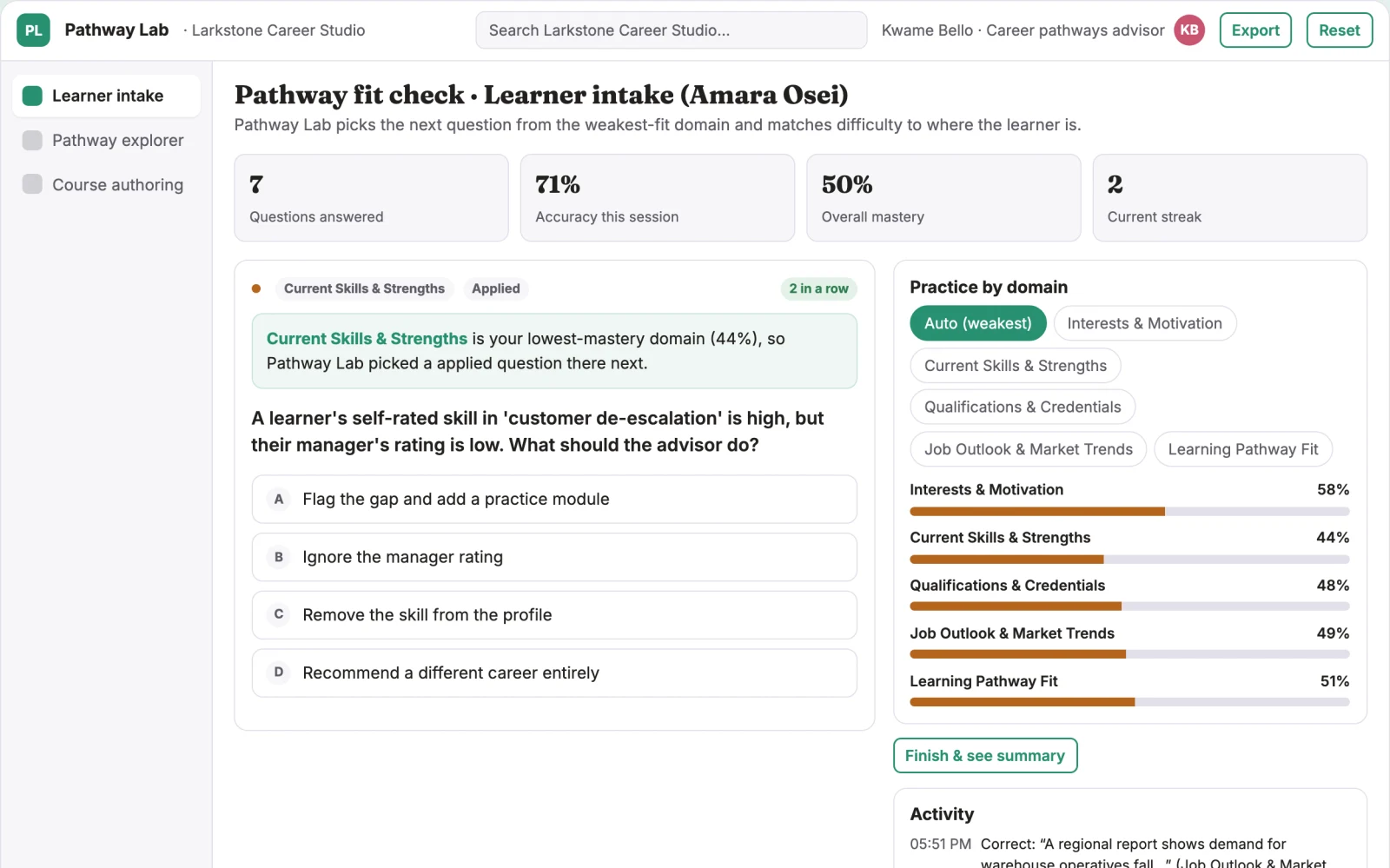 Screenshot of the Career exploration and learning pathway console interactive demo