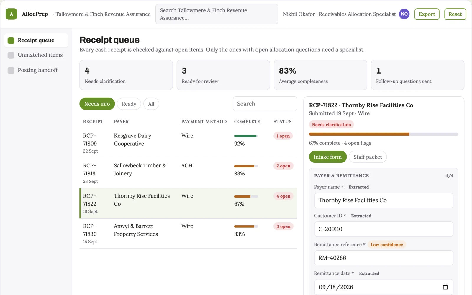 Screenshot of the Cash receipt allocation preparation interactive demo