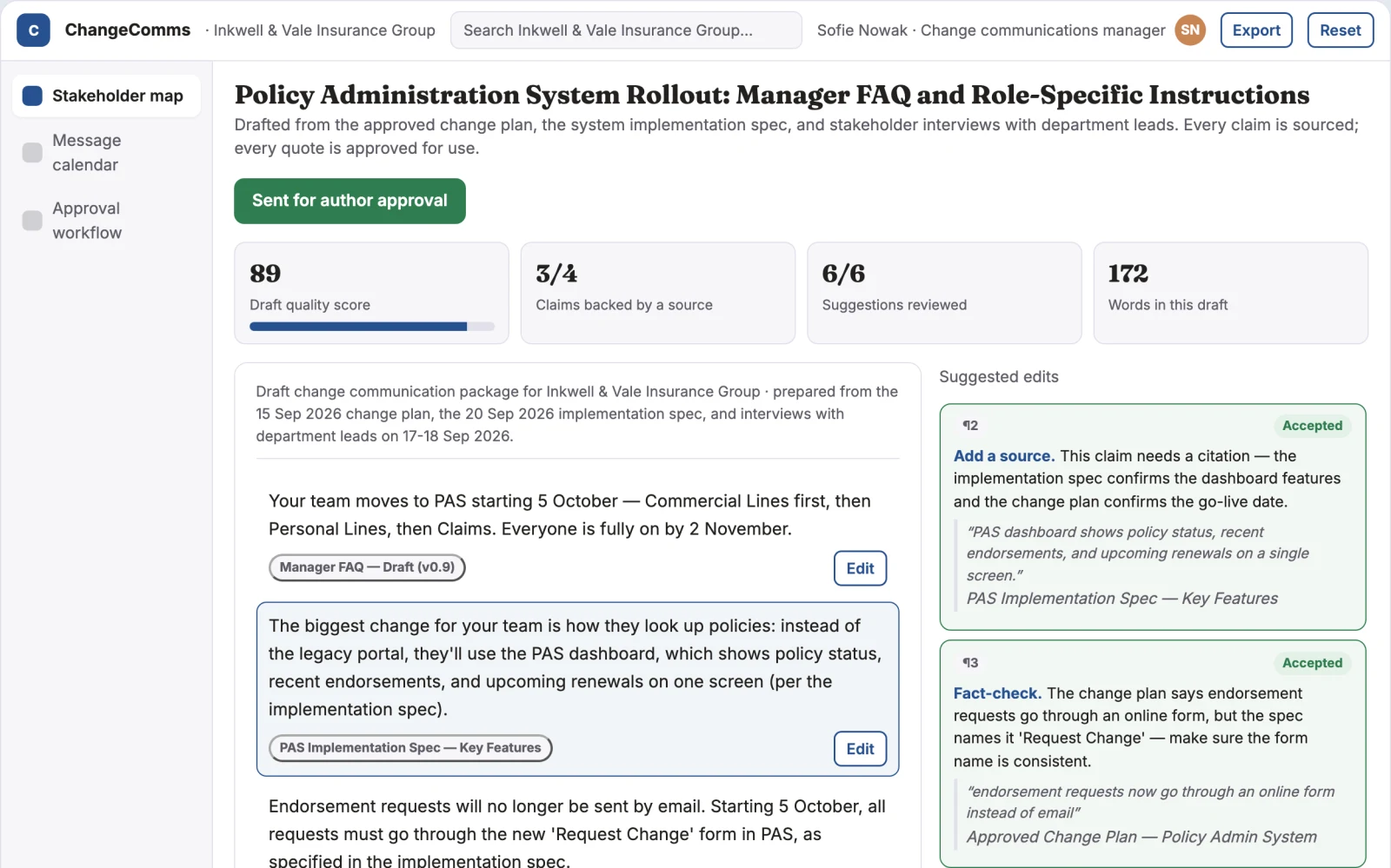 Demo screen of Change communication planner