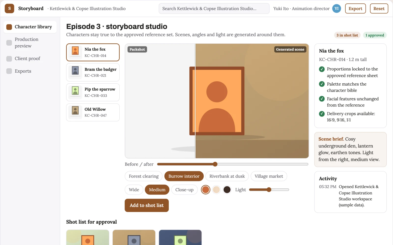 Screenshot of the Character animation and storyboard production studio interactive demo