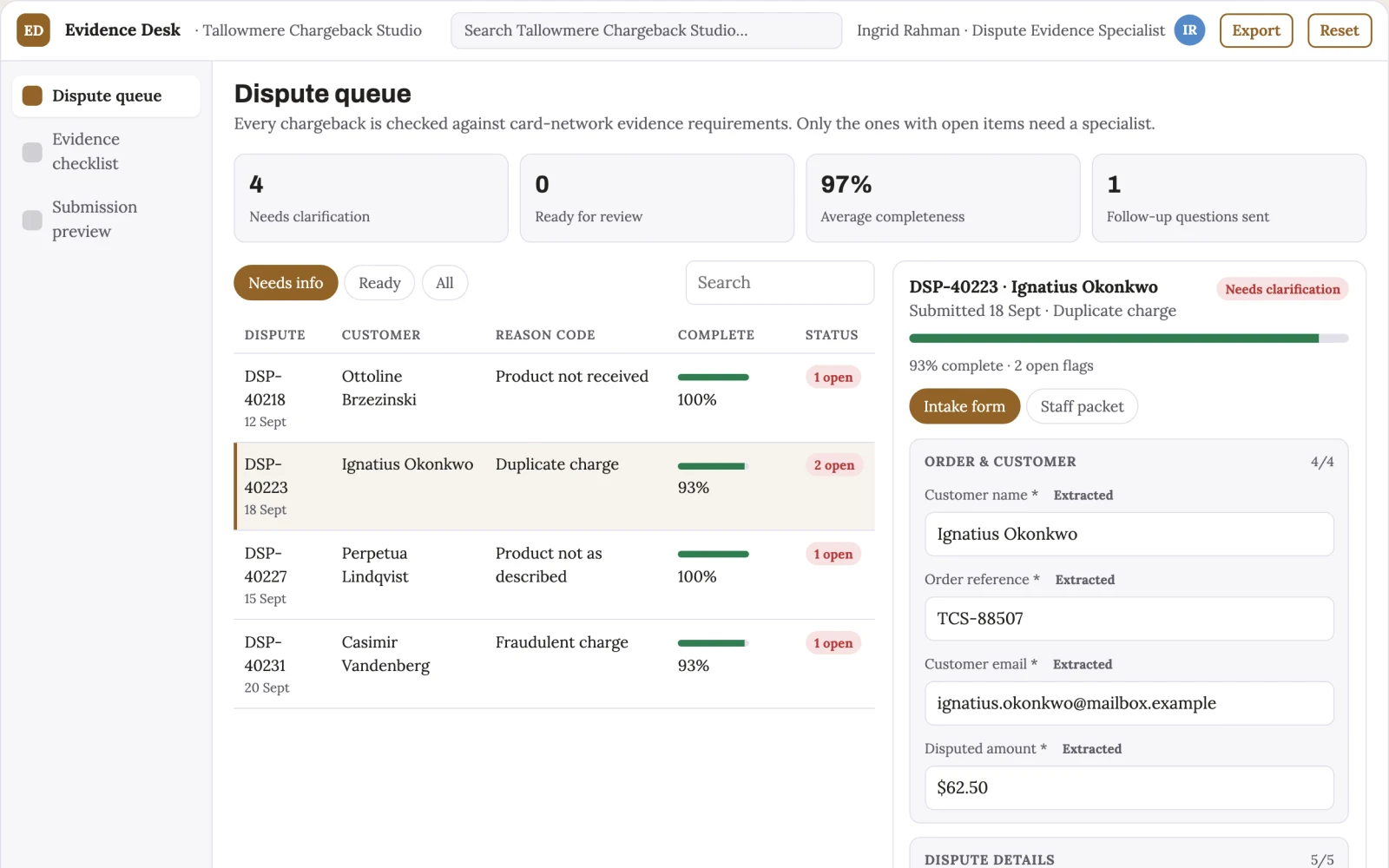 Screenshot of the Chargeback evidence preparation portal interactive demo