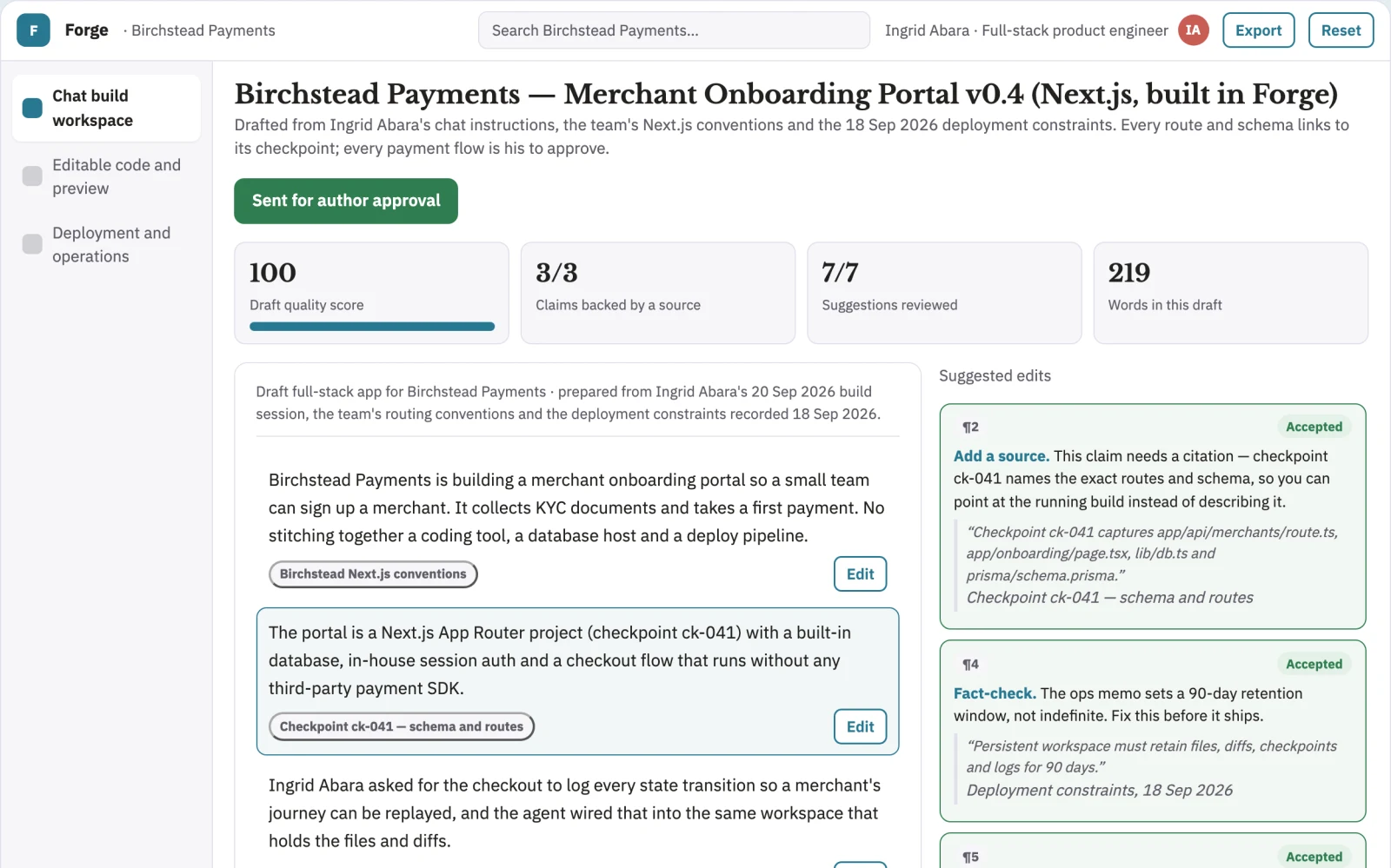 Screenshot of the Chat-built full-stack app delivery workspace interactive demo