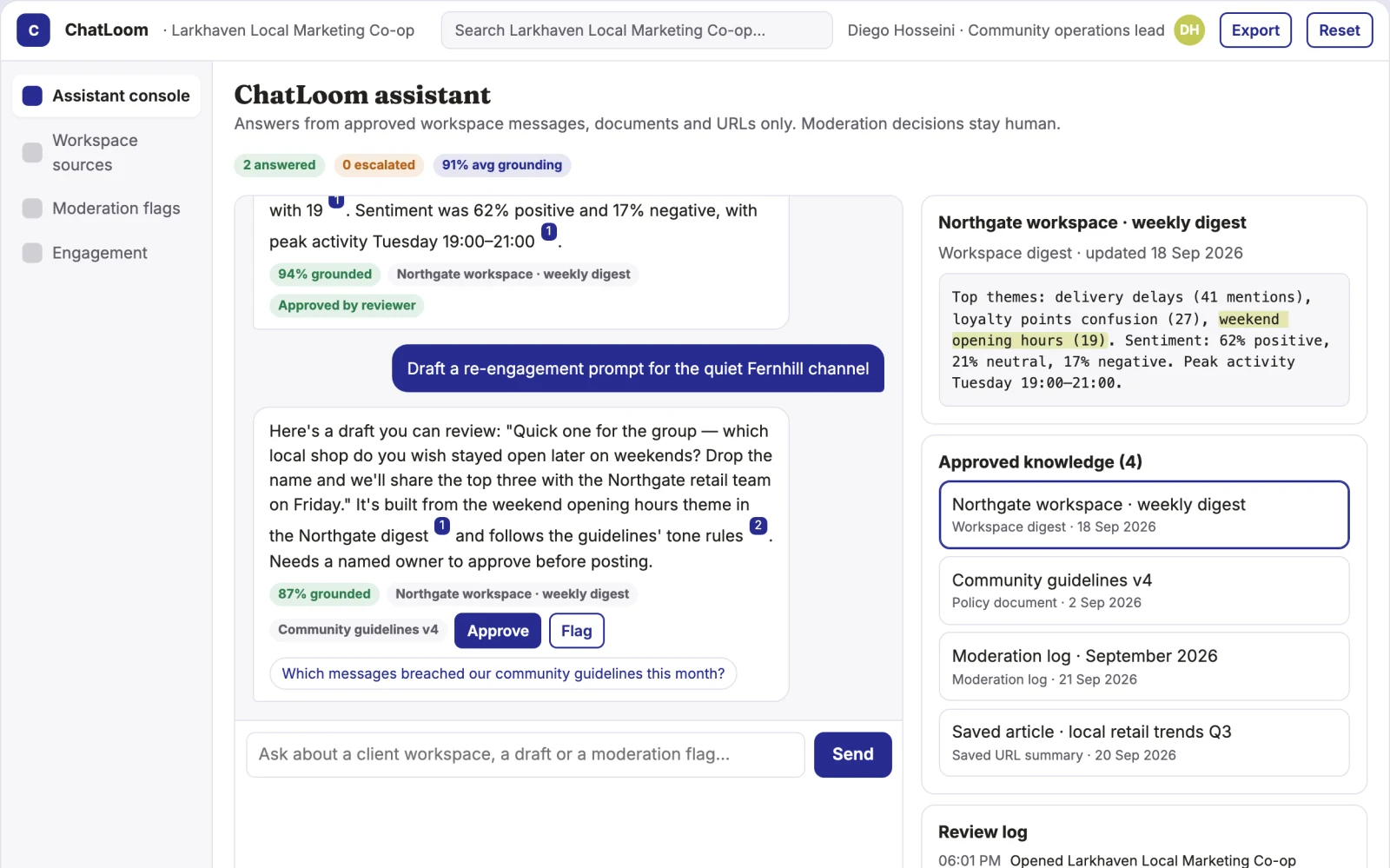 Screenshot of the Chat workspace AI assistant and moderation console interactive demo