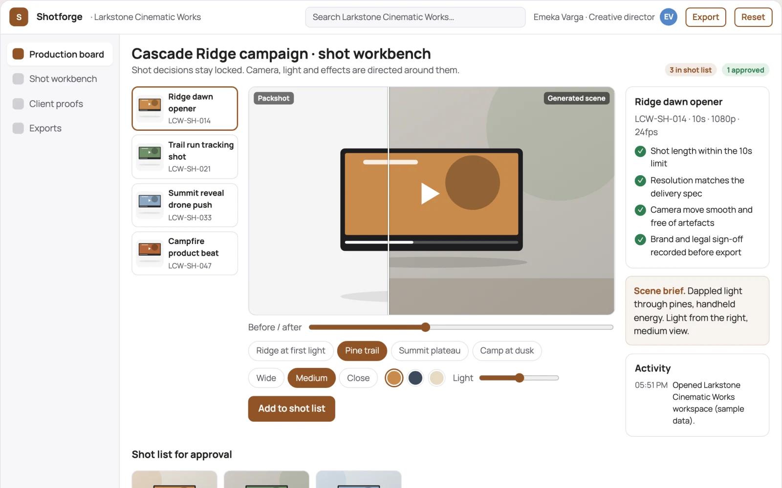 Screenshot of the Cinematic AI video production and review workbench interactive demo
