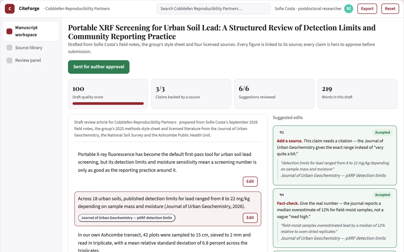 Screenshot of the Cited academic drafting and source workspace interactive demo