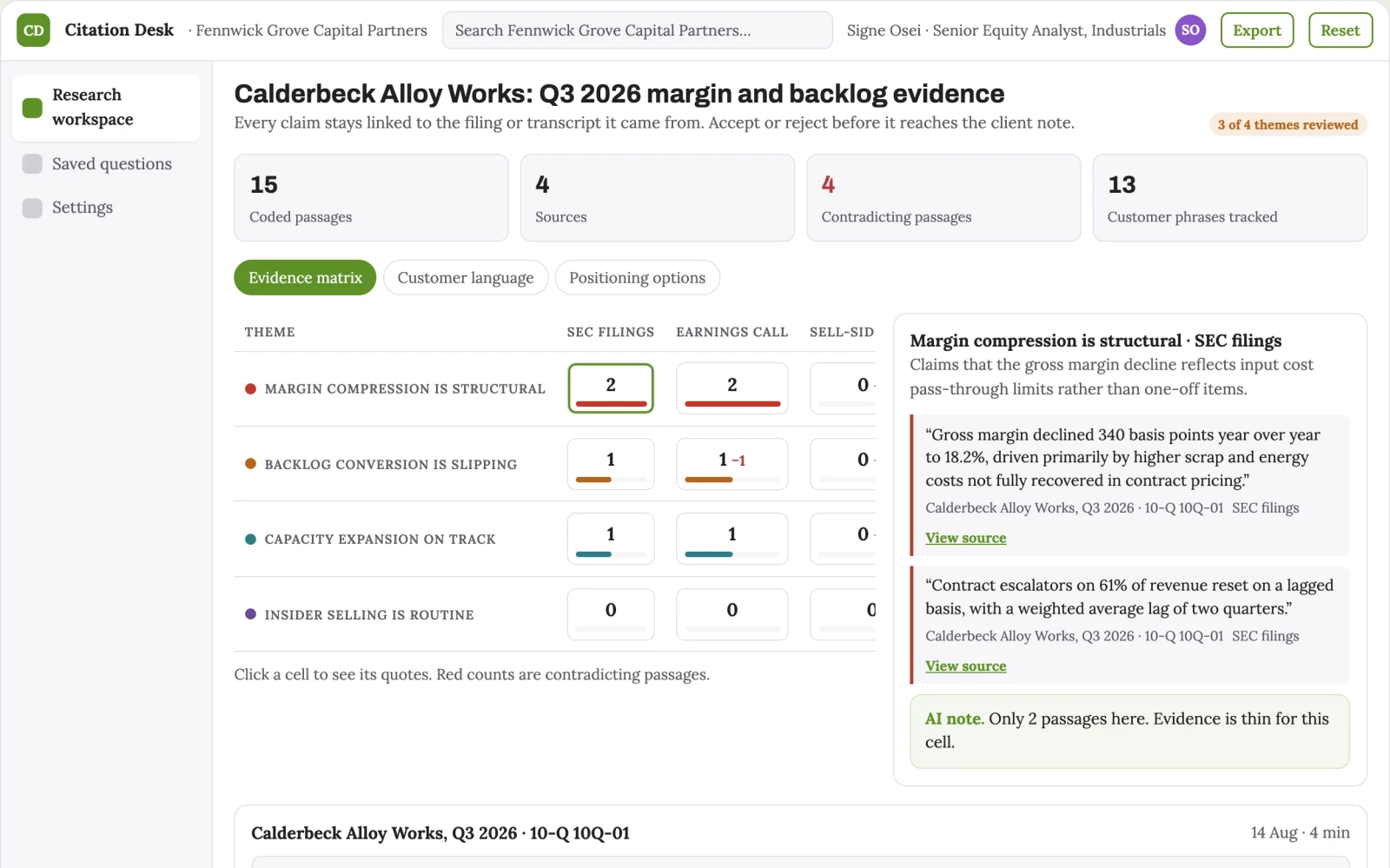 Screenshot of the Cited filing and transcript research workspace interactive demo